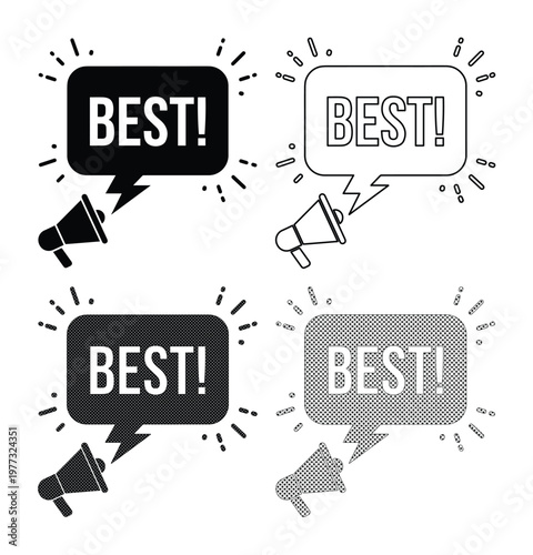 Best! Megaphone Speech Bubbles, Set of 4, Black and White, Graphic Elements for Sales and Promotion