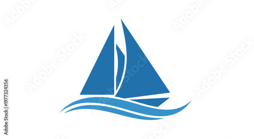 Nautical sailing ship vector illustration featuring a summer yacht boat cruising on blue ocean waves under the sun for a marine regatta logo icon