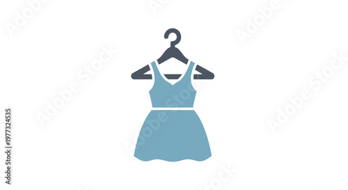 Minimalistic illustration of a blue dress hanging on a clothing hanger against white