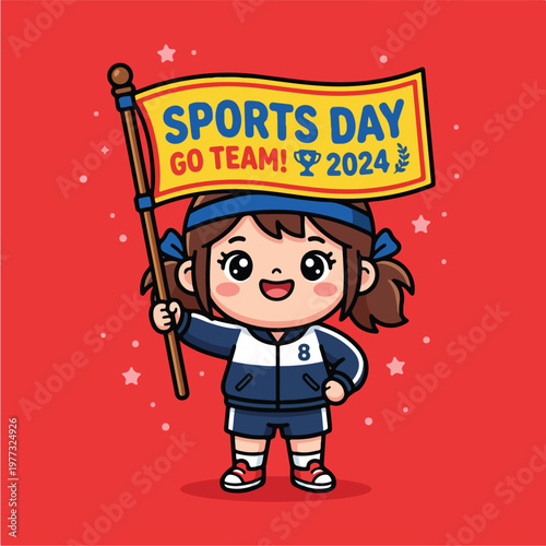 Young Girl Holding Sports Day Flag.