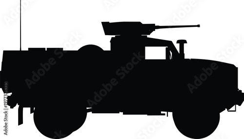 Armored military vehicle silhouette with mounted gun, combat transport and defense concept, tactical army truck, minimal black and white illustration for security and warfare design