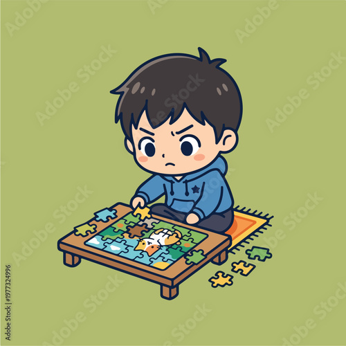 Boy doing jigsaw puzzle pieces.