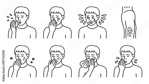 Medical Allergy Symptoms Line Icon Set  Sneezing, Rash, Itchy Eyes, and Swelling Outline Collection