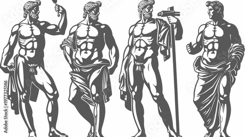 Four gray scale classical male statues, draped in cloth, on a white background