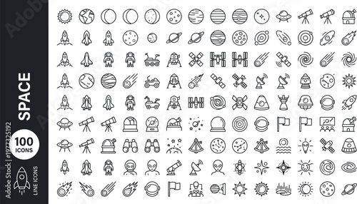 A collection of 100 line icons depicting various space-related objects and symbols in a simple and minimalist style. Ai, eps, jpg, transparent background, png