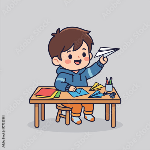 Boy Playing with Paper Airplane.