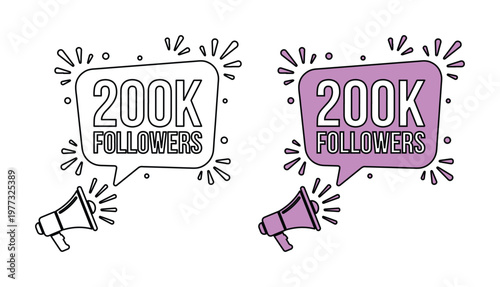 Social media milestone celebration for 200k followers, megaphone announcement with speech bubble, purple and white vector graphics for influencer marketing