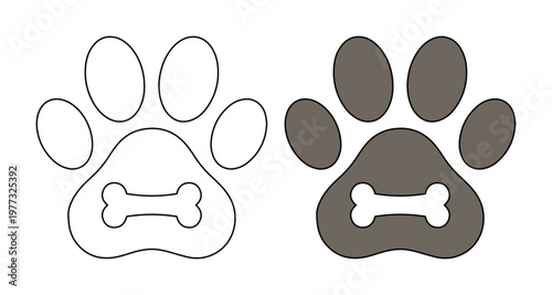 Minimalist dog paw print icons with bone silhouette, pet shop logo elements, black outline and solid animal footprint vector set