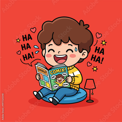 Boy Reading Comic Book Laughing.