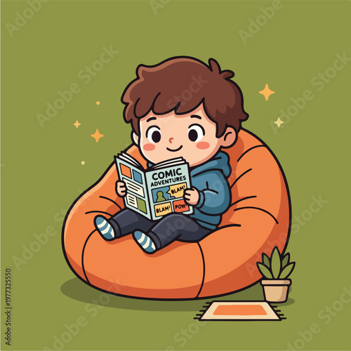 Boy reading comic book sitting.