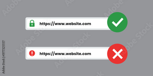 Secure and insecure website URL address bar set. Vector illustration of HTTPS protocol with green lock and risky site with red warning alert and cross mark. Vector Illustration.