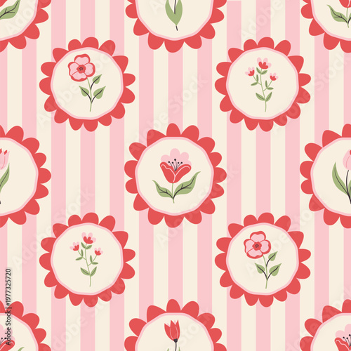 Seamless pattern with flowers in frame on a striped pink background. Vector cute illustration for textile, baby clothes, wallpaper.