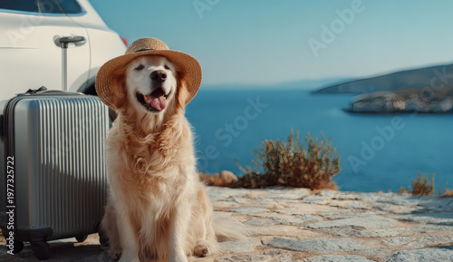 Happy golden retriever dog wearing a straw hat sitting next to a suitcase and car by the ocean