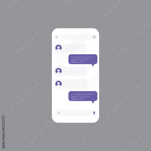 Mobile messenger chat interface design on smartphone screen. Vector purple and white speech bubbles for social media communication and user experience app design. Vector Illustration.