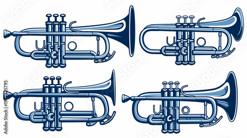 Four stylized blue trumpets in various orientations isolated on a white background