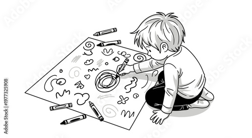 Black and white illustration of a little boy drawing creative doodles with crayons on a large paper