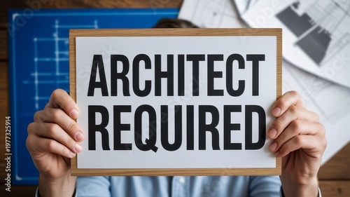 Close Up Hands Holding Architect Required Sign Construction Design Job Hiring Professional Recruitment Concept