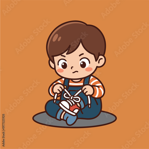 Boy Tying His Own Shoes.