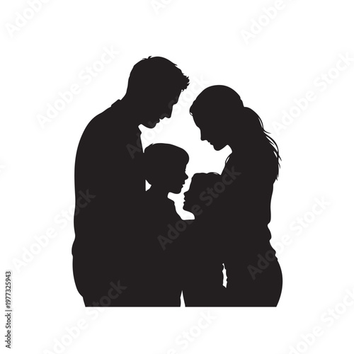 Black silhouette of a family of four parents and two children embracing closely together in a tender moment of unity