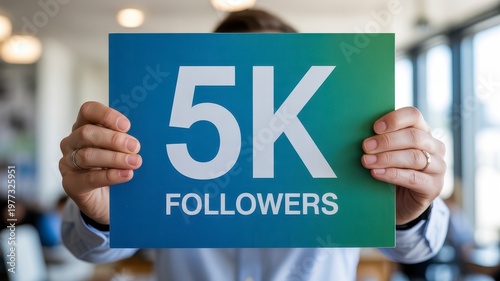 Hands Holding 5K Followers Sign Social Media Growth Milestone Influencer Marketing Concept