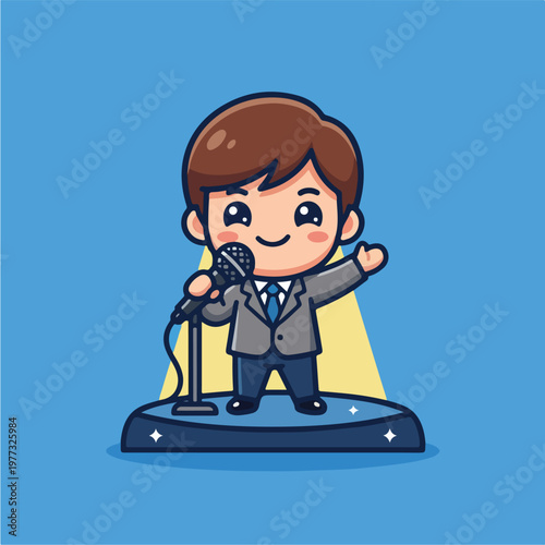 Cartoon man on stage speaking.