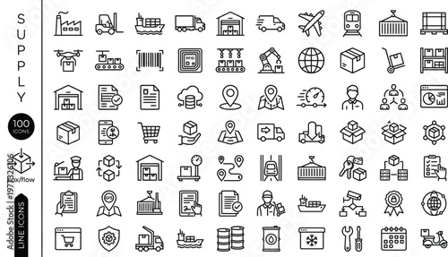 A comprehensive collection of supply chain icons on a white background Ai, eps, jpg, transparent background, png