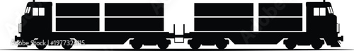Cargo freight train silhouette, industrial railway transport, logistics delivery concept, heavy haul wagons, transportation system, shipping goods, minimal black white vector illustration design