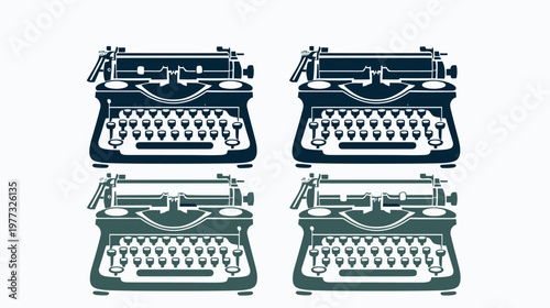 Four dark teal typewriter silhouettes are displayed on a white background