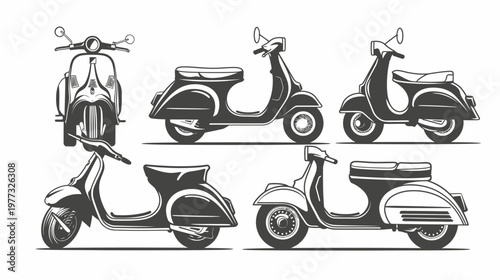 Illustration featuring six retro scooters in varied angles, rendered in shades of gray on white