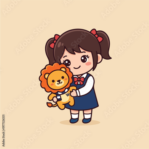 Girl Holding Cute Lion Toy.