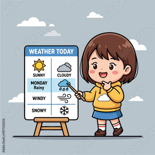 Girl Explaining Weather Forecast Chart.