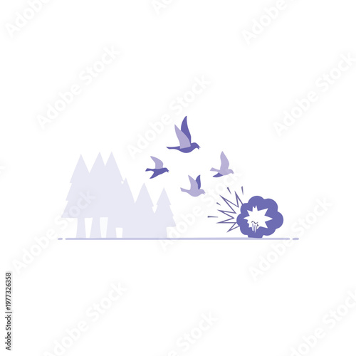 Birds flying away from a purple explosion.