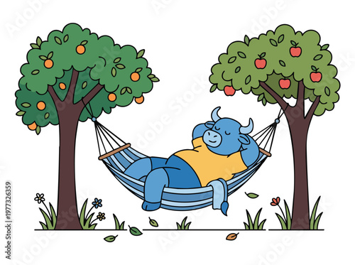 Blue bull relaxing in a hammock between trees.