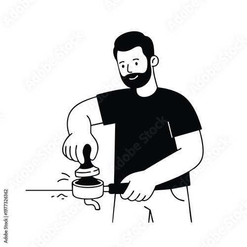 Barista preparing coffee with tamper and portafilter.