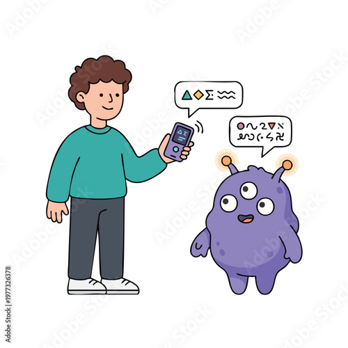 Boy and alien communicating using technology.