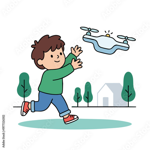 Boy Chasing a Drone in a Park.
