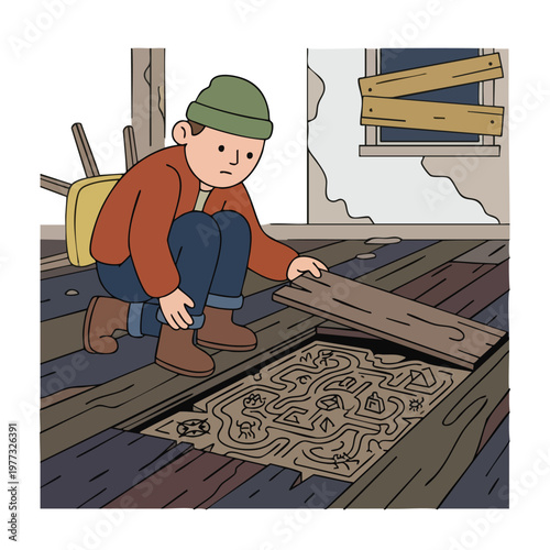 Boy discovers hidden maze under floorboards.