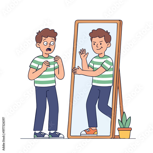 Boy looking in mirror with surprised expression.