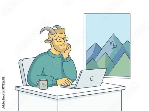 Capricorn zodiac sign man working on laptop computer.