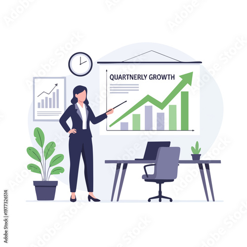 Businesswoman presenting quarterly growth chart with upward trend.
