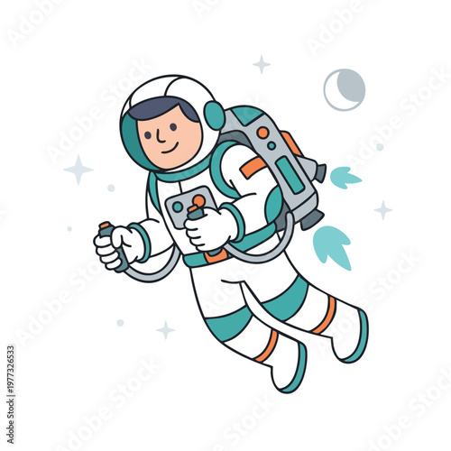 Cartoon Astronaut Floating in Space with Jetpack.