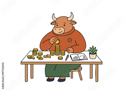 Cartoon bull counting coins at a table.