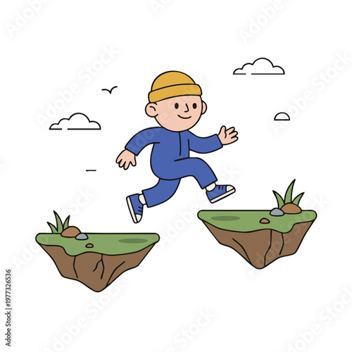 Cartoon boy jumping between floating islands.