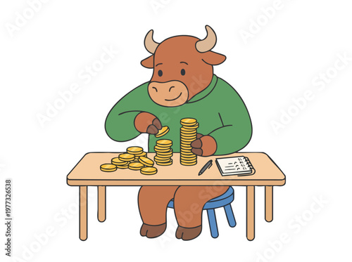 Cartoon bull character stacking coins at a table.