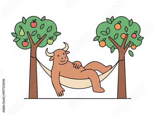 Cartoon bull relaxing in a hammock between fruit trees.