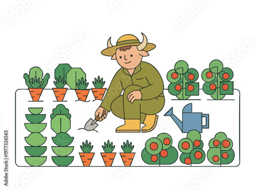 Cartoon farmer with bull horns tending to plants.