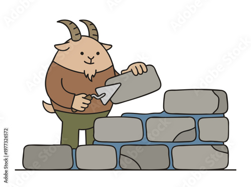 Cartoon Goat Building a Brick Wall with Trowel.