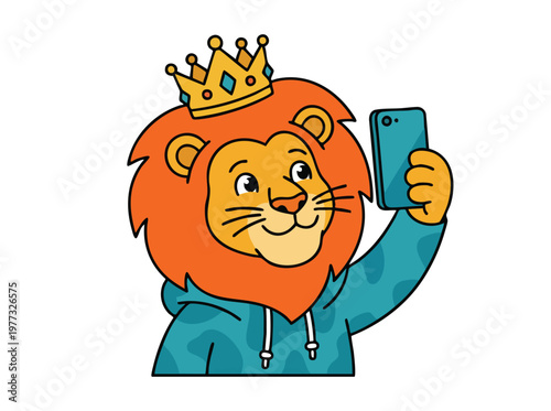 Cartoon King Lion Taking a Selfie with a Smartphone.