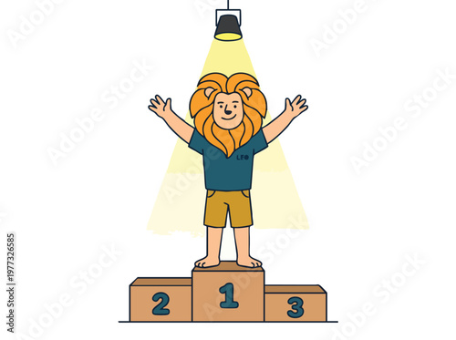 Cartoon Lion Character Standing Proudly on First Place Podium.