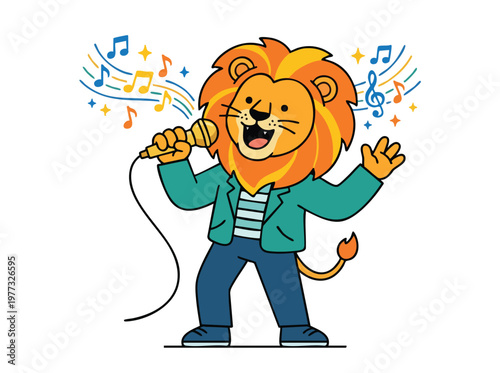 Cartoon Lion Singing with Microphone and Music Notes.